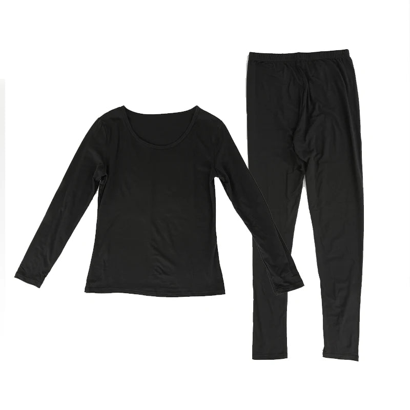 Black women's thermal underwear set with fleece lining, including a long-sleeved top and pants.