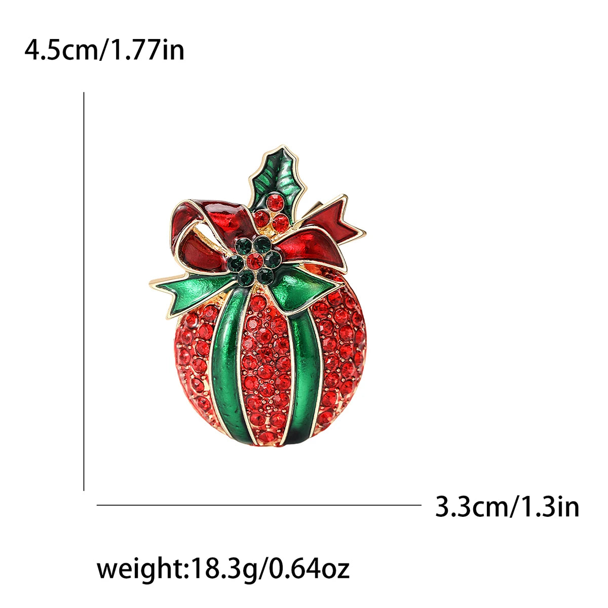 Un broche navideño en forma de campana roja y verde con destellantes pedrería.