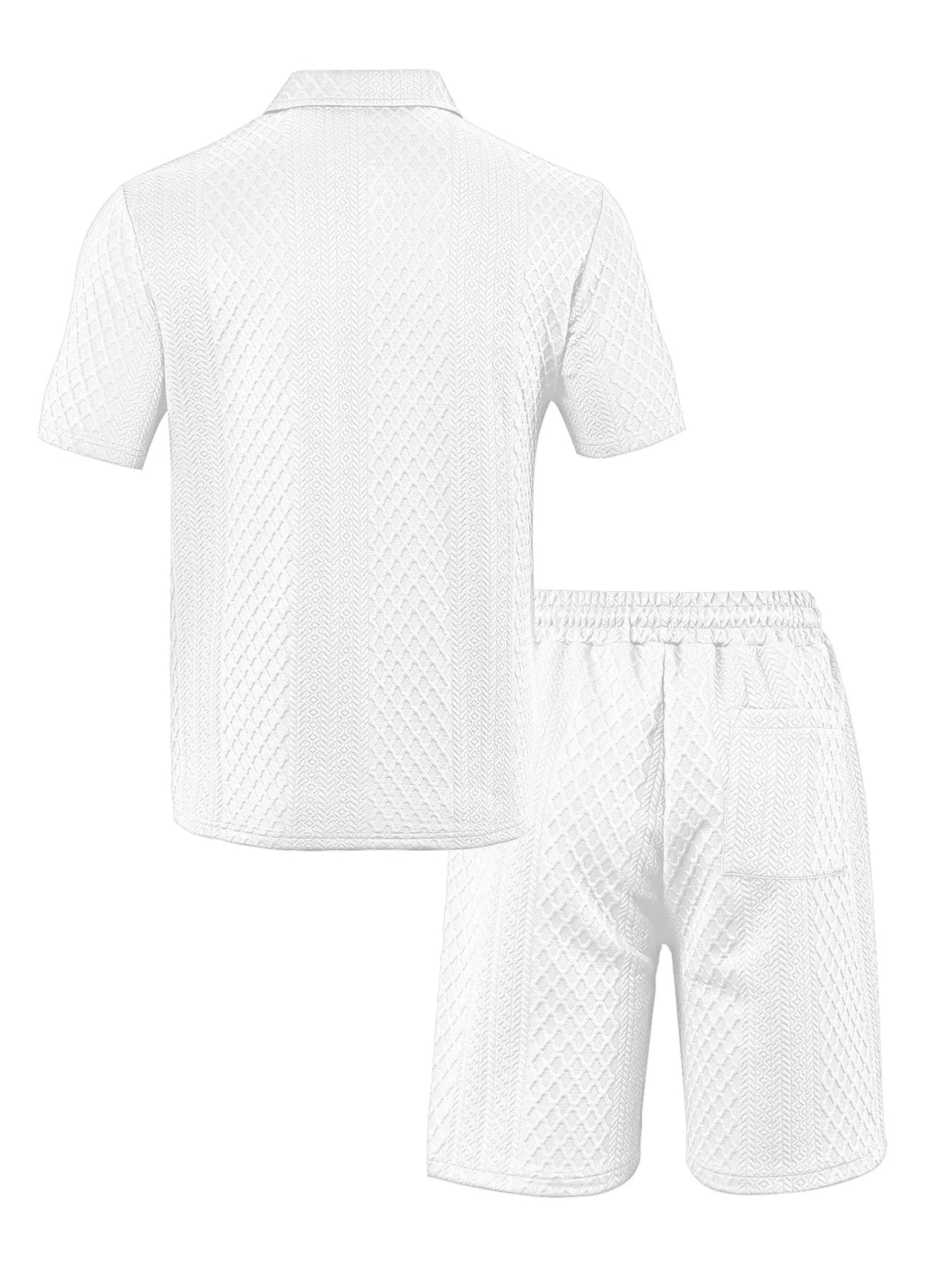 White men's casual jacquard short-sleeve shirt and drawstring shorts set displayed flat