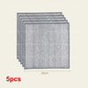 A stack of five gray scratch-free microfiber cleaning cloths for kitchen and home use.