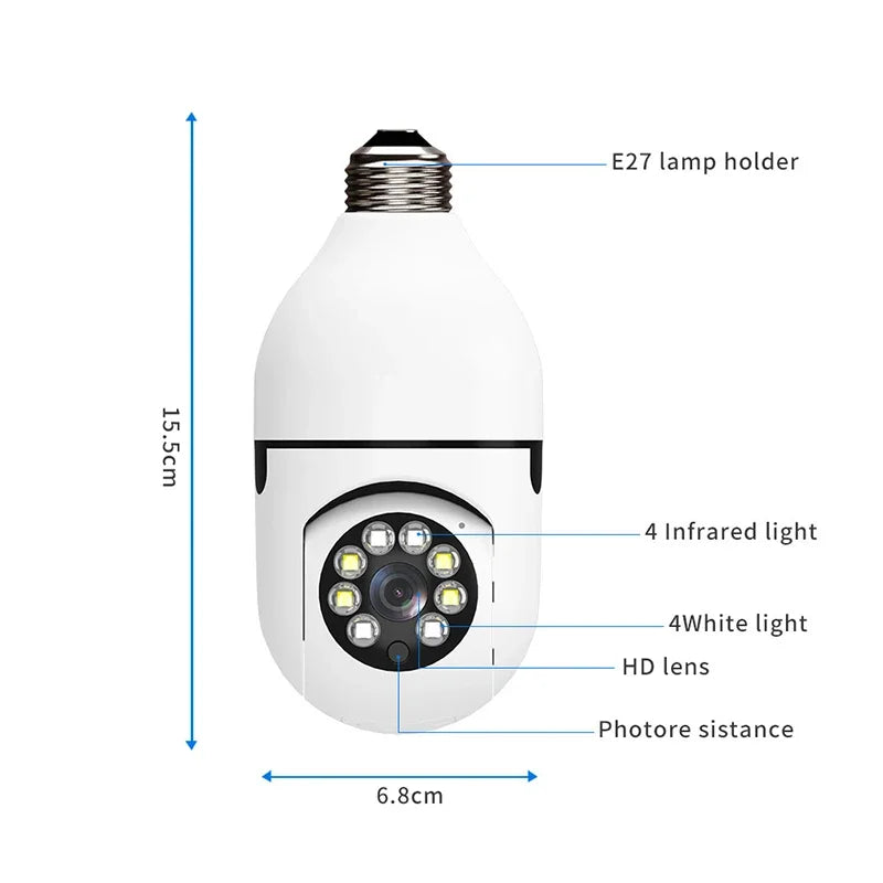 A white security camera with an E27 lamp holder and infrared light features a HD lens and photoreistance.