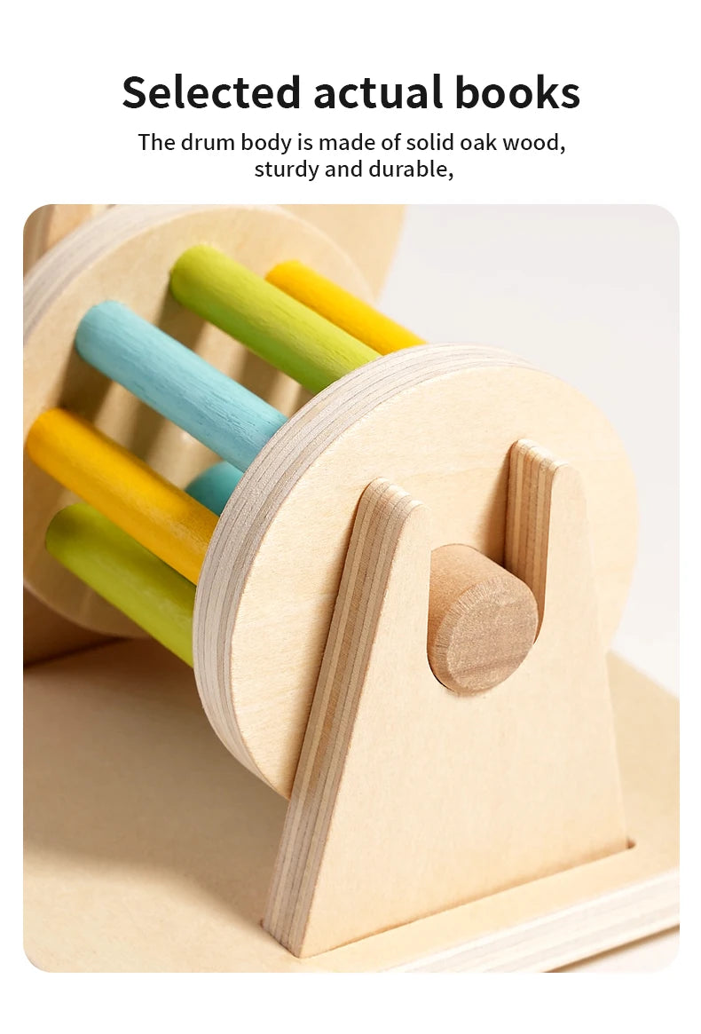A close-up of a wooden spinning drum with colorful dowels, made from solid oak wood.