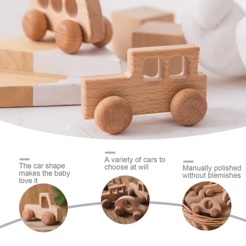 A wooden toy car shaped like a truck, used for toddlers, showing various options and a polished finish.