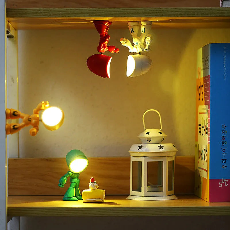 A cartoon hero police night light for kids is displayed in a wooden shelf with various illuminated toys.