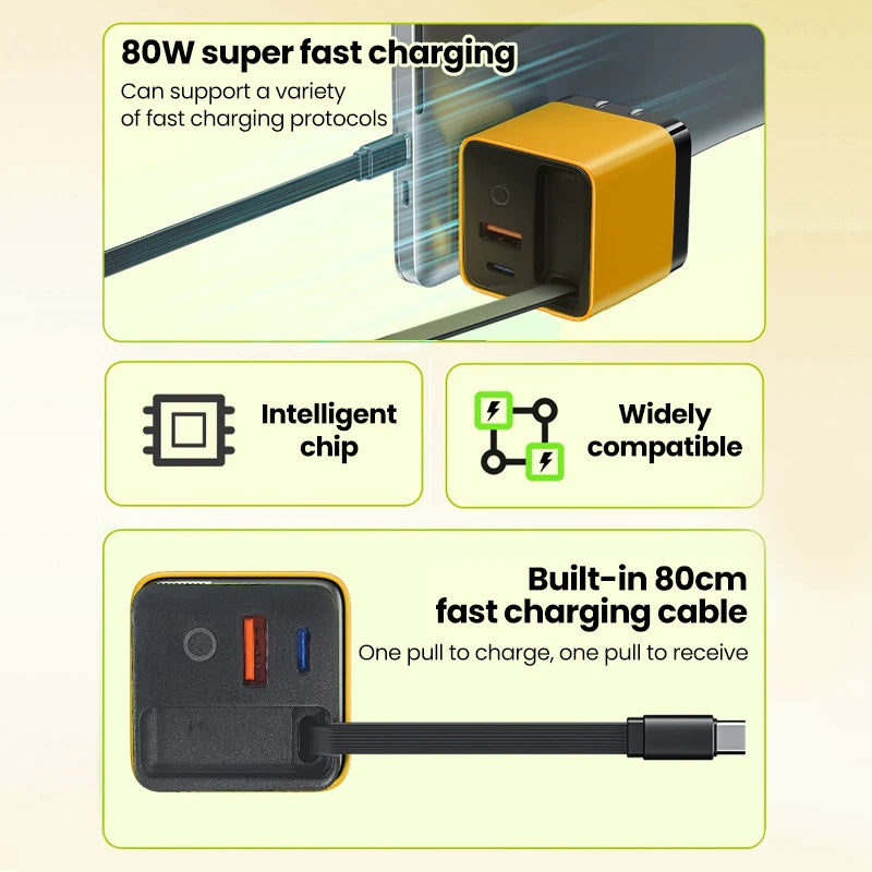 A yellow 80W super fast charger is shown with an intelligent chip and a built-in 80cm fast charging cable.