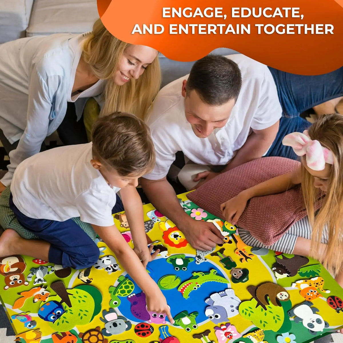 Three children are interacting with a colorful zoo animals felt story board set for educational play.