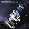 A silver electric shaver is shown in a dynamic angle with blue light effects, emphasizing fast performance.