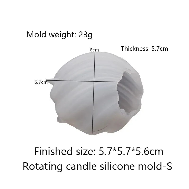 A white silicone mold for a rotating pillar candle with finished dimensions of 5.7x5.7x5.6cm.