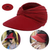 A red UV-protective beach hat with a breathable hollow top shown in various angles.