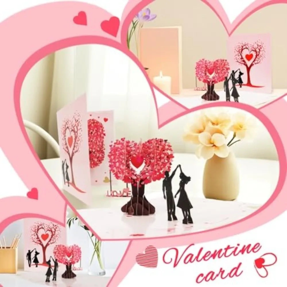 A pink Valentine card featuring a 3D pop-up love tree with a couple silhouette.