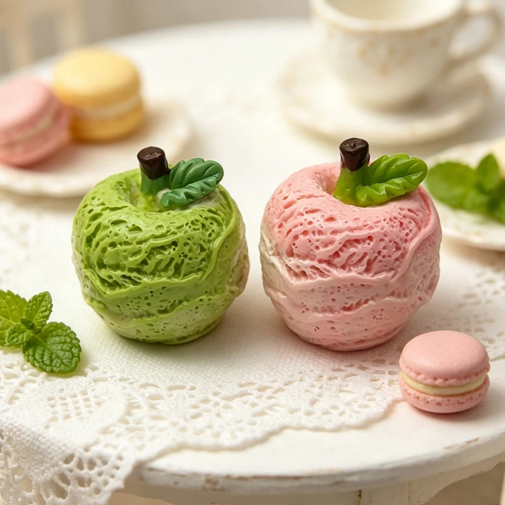 To miniatyrbakverk i rosa og grønt, makroner og en skulpturert kake, på en hvit blondeserviett.