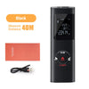 A black laser distance measurer device with a digital display and power switch is shown next to its accessories.
