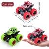 A red and black pull-back stunt SUV toy car is shown next to a hand for scale comparison.