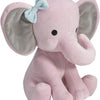 A soft pink elephant plush toy with large gray ears and a light blue bow.