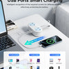 A compact travel power strip with multiple ports is shown next to a laptop and a smartphone, demonstrating USB and AC chargin