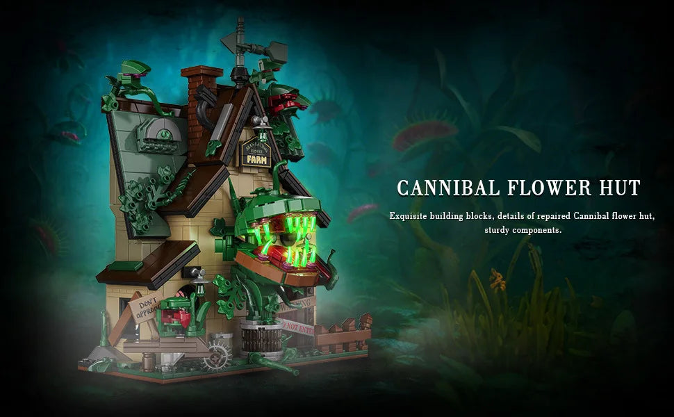 A detailed building block set depicting a Cannibal Flower Hut structure with green and brown components.