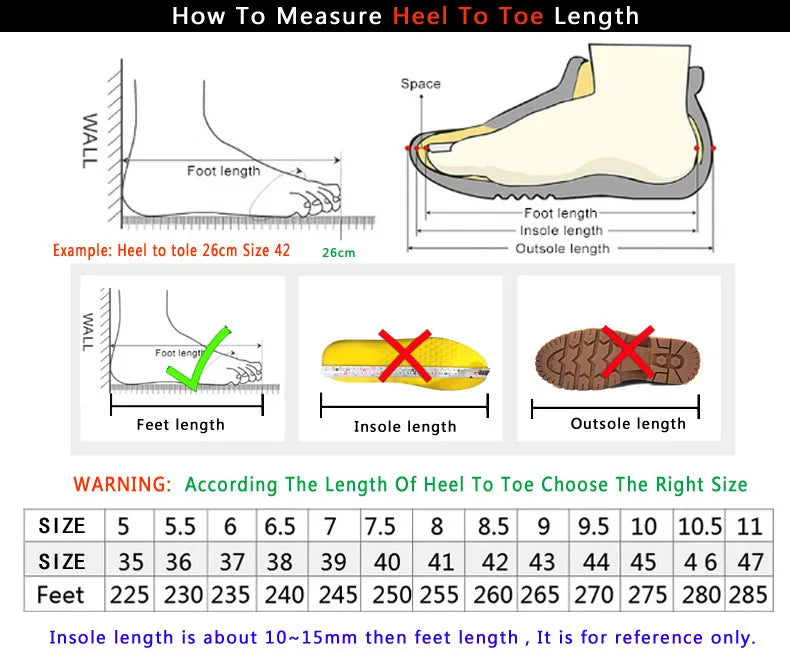 Diagram showing how to measure heel to toe length for shoes, including foot length and insole/outsole measurements.