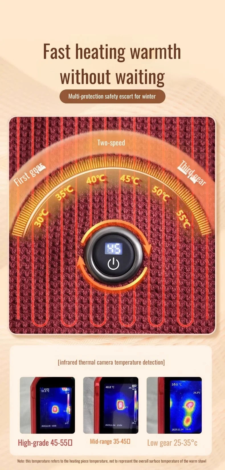 A close-up of a multi-protection safety escort for winter, showing a two-speed heating element with temperature markings.