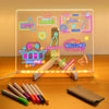 An LED glowing message board displays neon signs and a game theme with pens and a welcome message nearby.