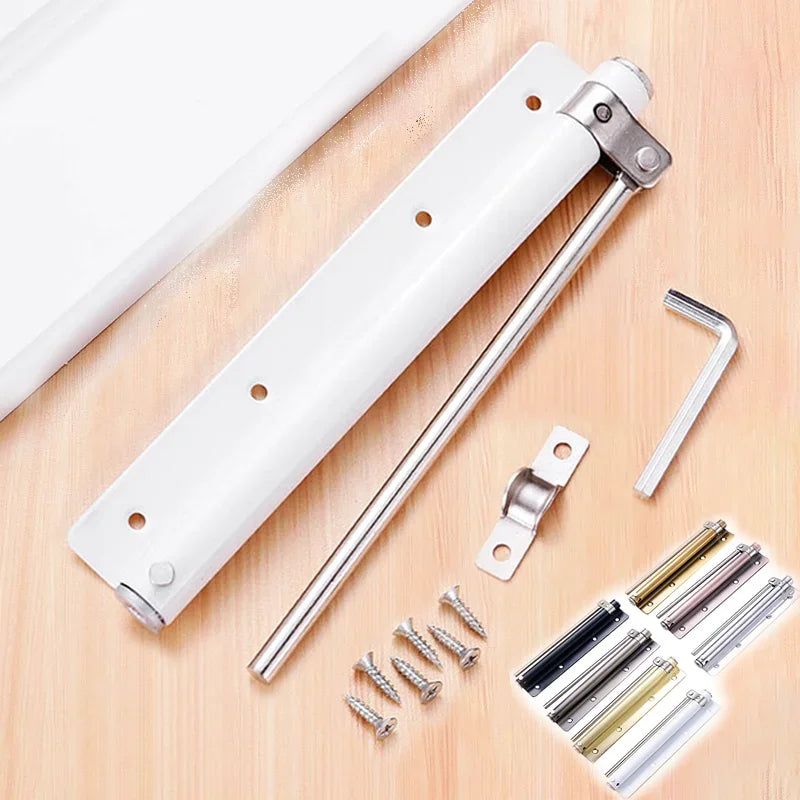 A white stainless steel automatic door closer with an invisible spring mechanism and various mounting hardware components.
