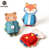 Two wooden Montessori busy boards featuring animal clothing skills and fine motor practice.