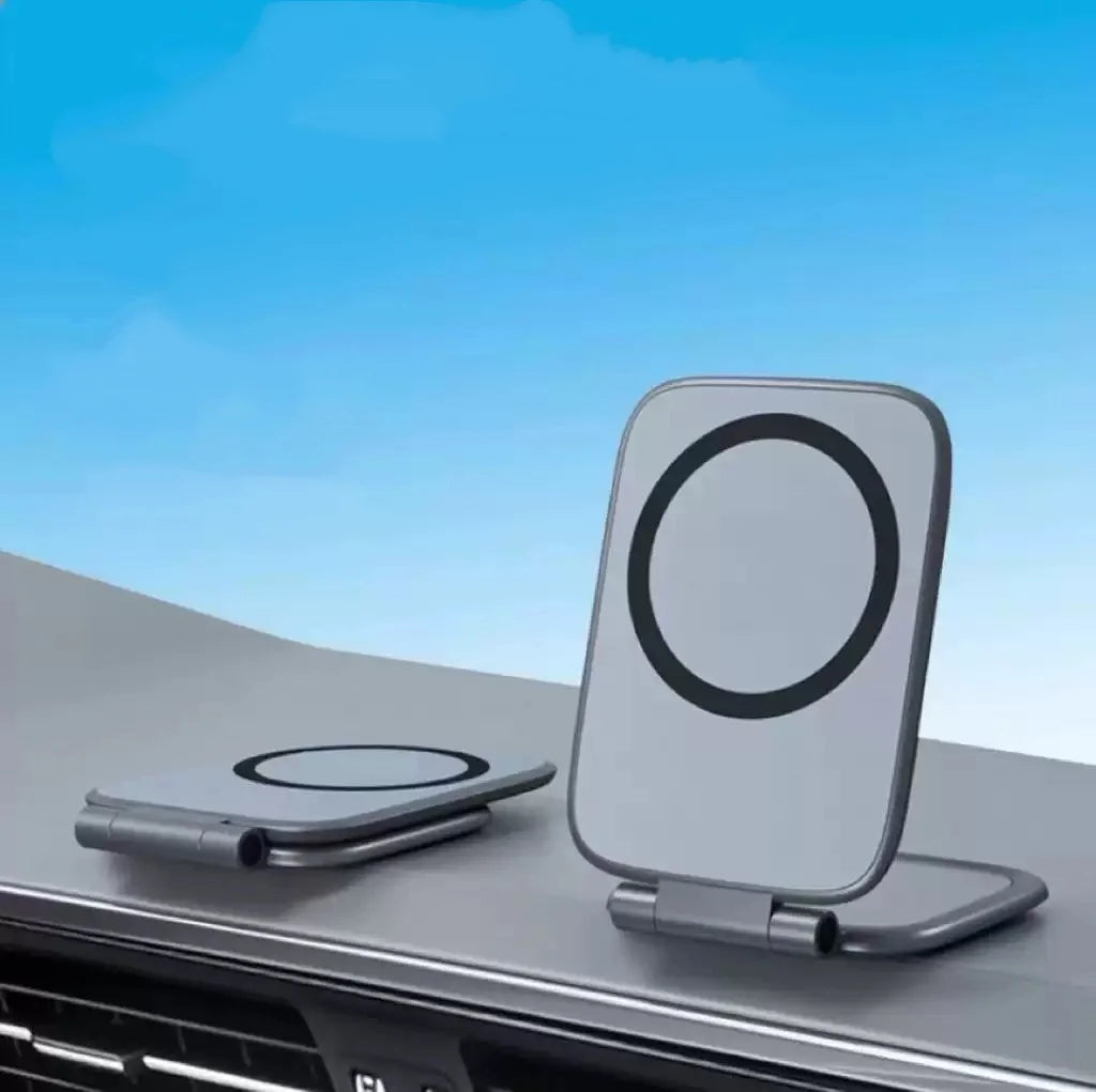 A silver ultra-thin magnetic car phone holder with a circular mount is shown on a dark surface.