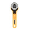 A yellow rotary fabric cutter with a black handle and numbered cutting guide.