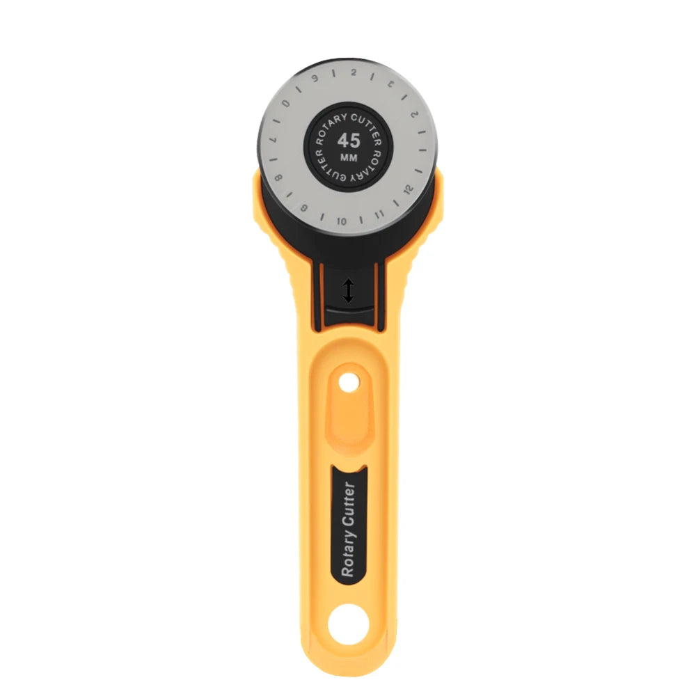 A yellow rotary fabric cutter with a black handle and numbered cutting guide.