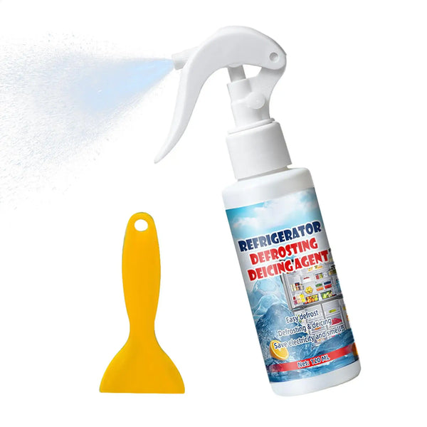A white spray bottle for refrigerator defrosting with a yellow plastic scraper and mist being sprayed.