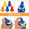 A set of colorful manual can openers and a hand using one to open a blue can.