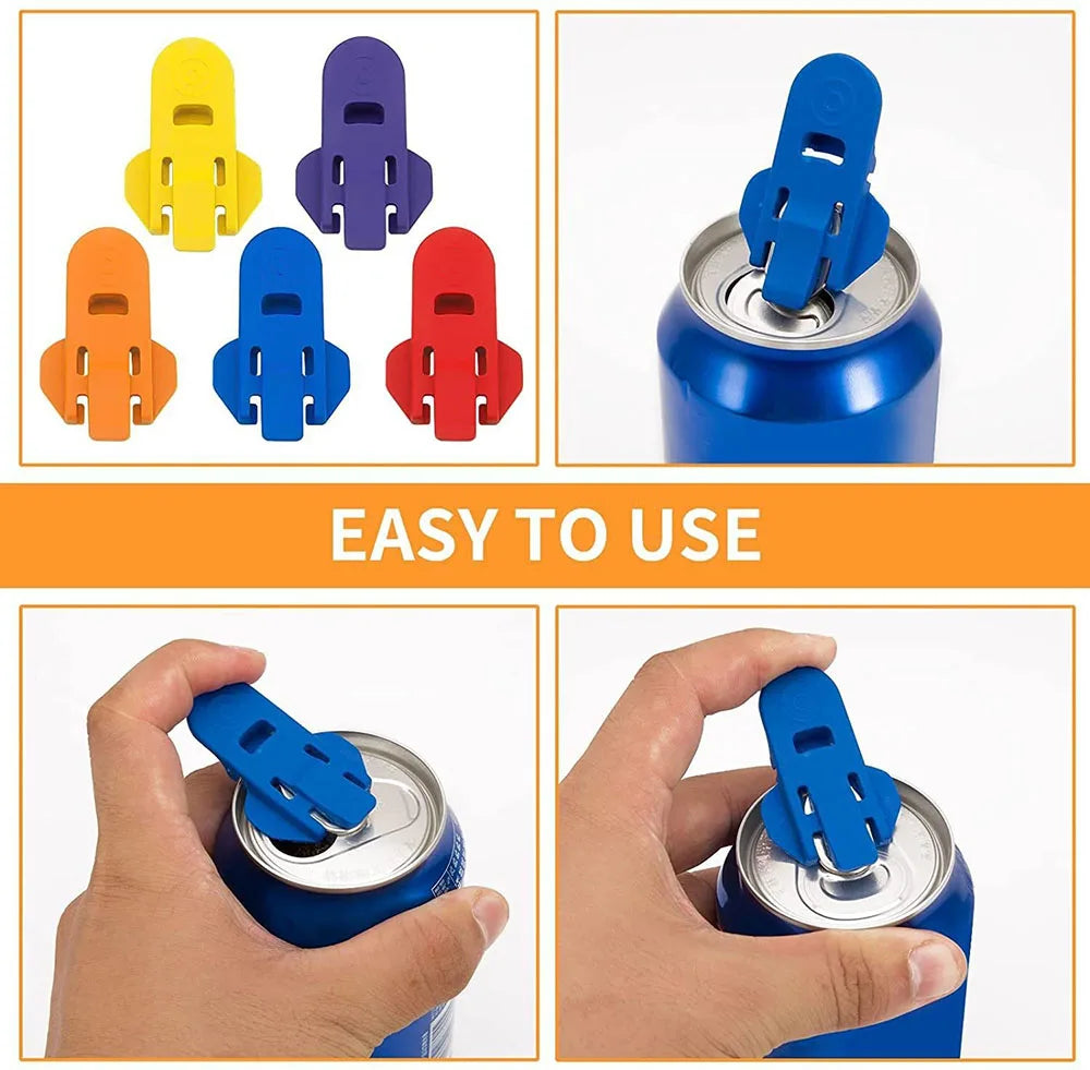 A set of colorful manual can openers and a hand using one to open a blue can.