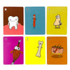 A set of eight colorful cards featuring cartoon illustrations of teeth, characters, and other objects for a party game.