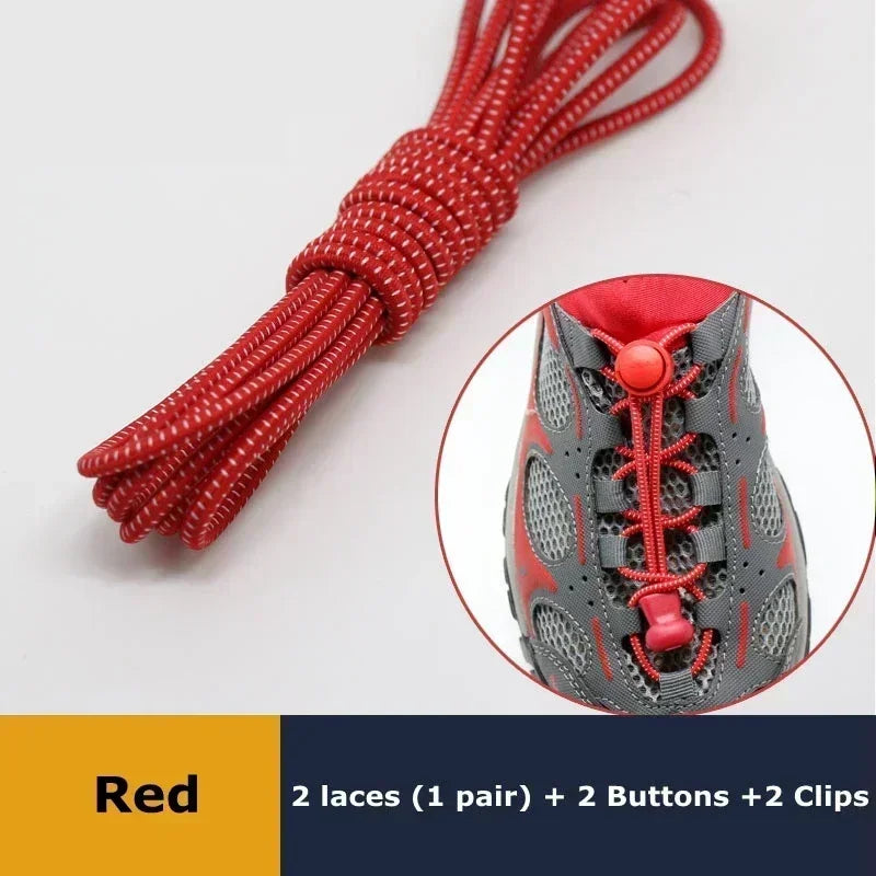 Red elastic shoelaces with locking buckles and clips shown next to a shoe