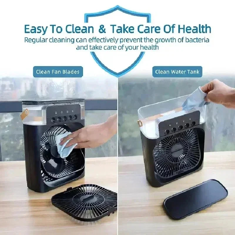 A personal air cooler fan and humidifier device is shown with various components, including fan blades and a night light.