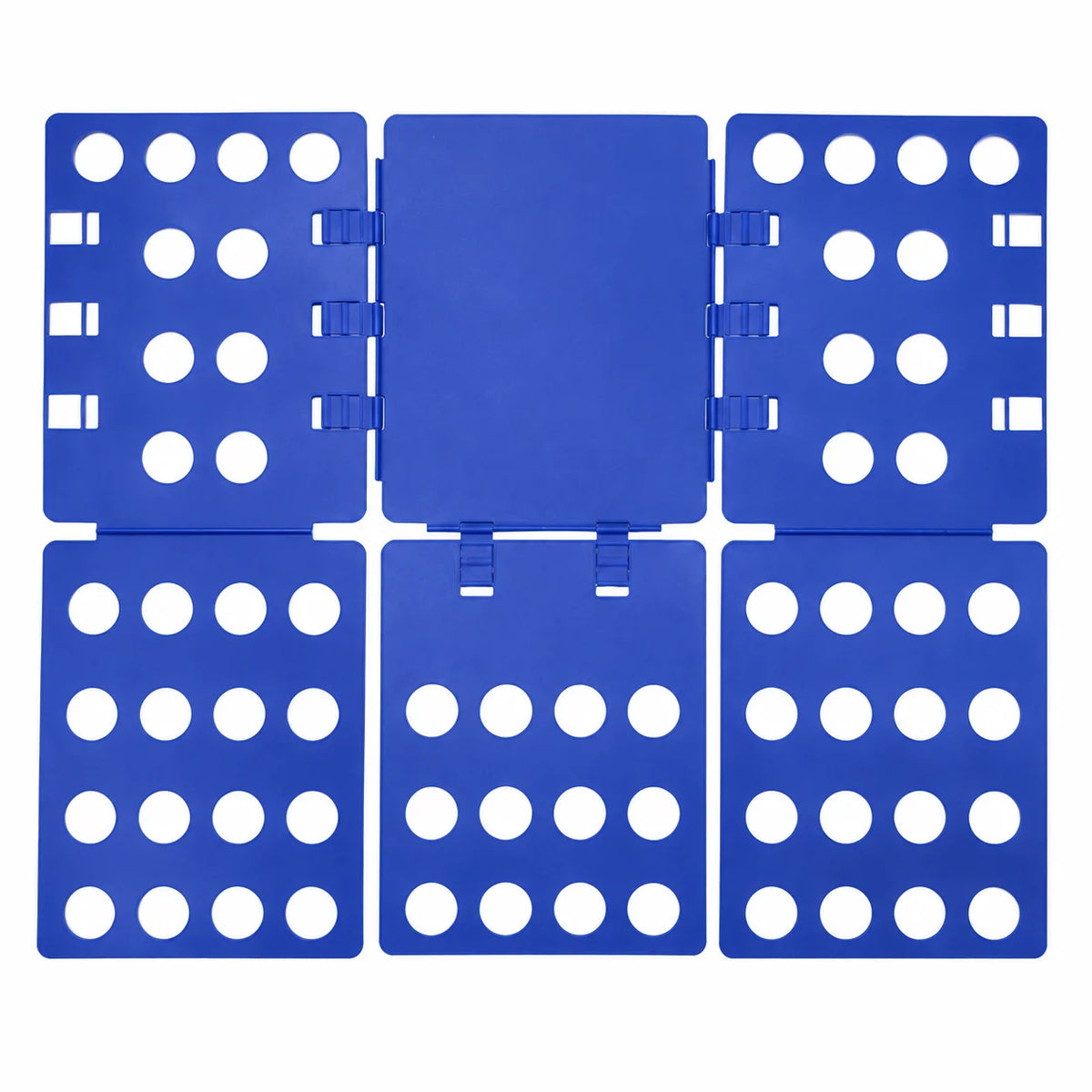 A set of blue clothes folding boards with multiple holes for organizing laundry.