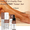 A set of bronzing tanning mousse and tanning drops shown being applied to a human arm and leg.