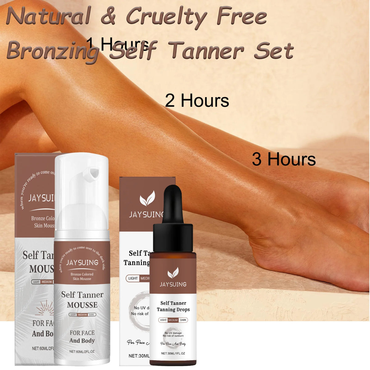 A set of bronzing tanning mousse and tanning drops shown being applied to a human arm and leg.