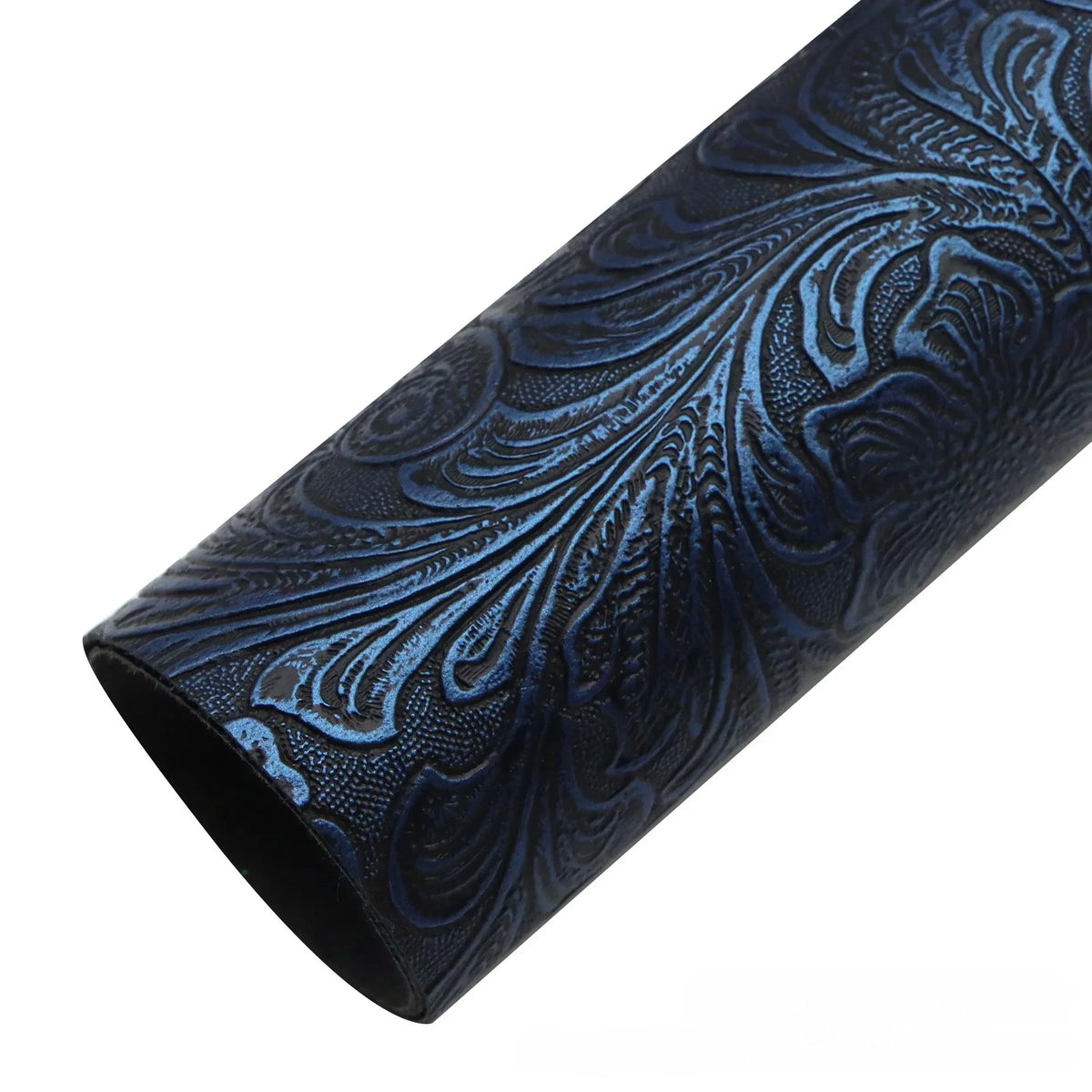 A roll of dark blue faux leather fabric with a vintage floral textured pattern.