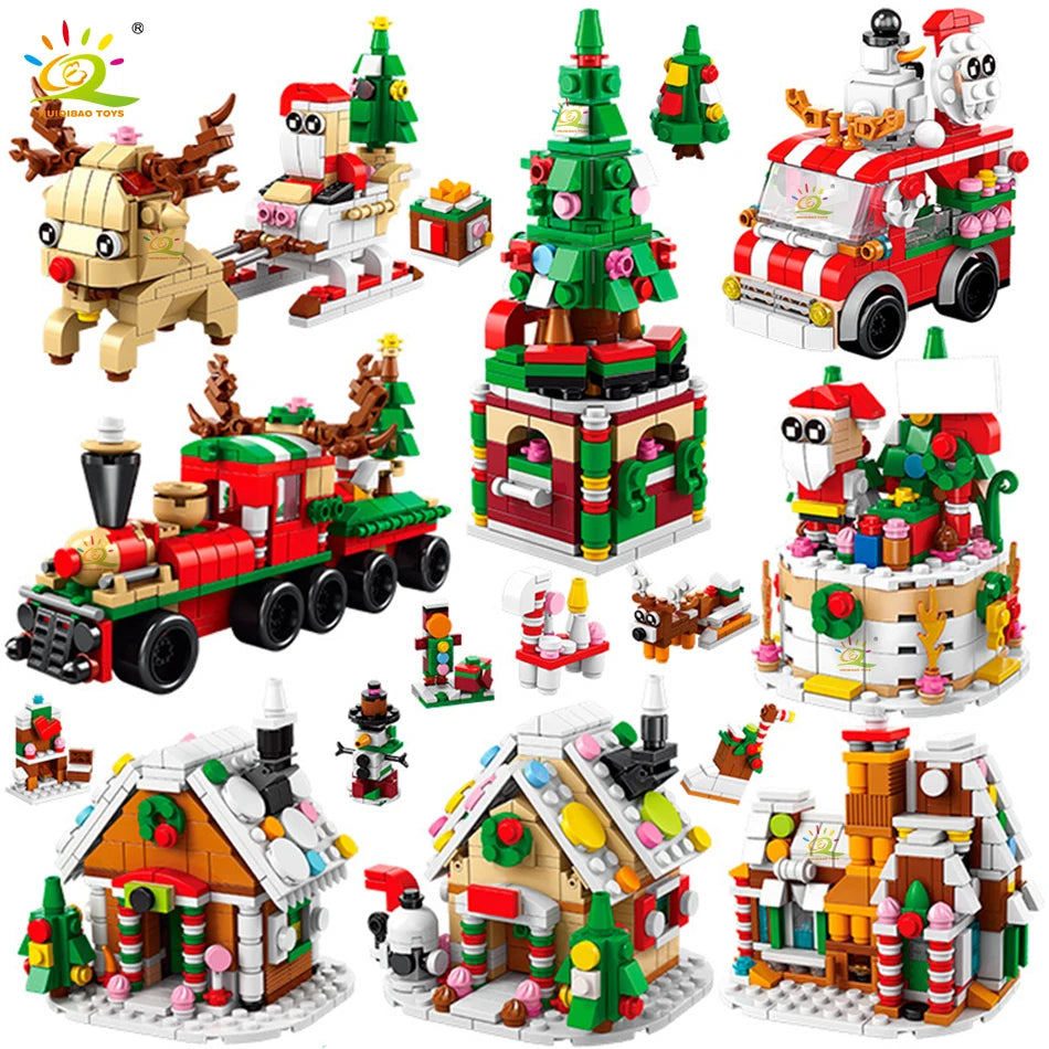 A set of Christmas building blocks featuring a snow house, Santa, and deer figures.