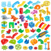 A collection of colorful marble run building blocks, including tracks, funnels, and various geometric shapes.