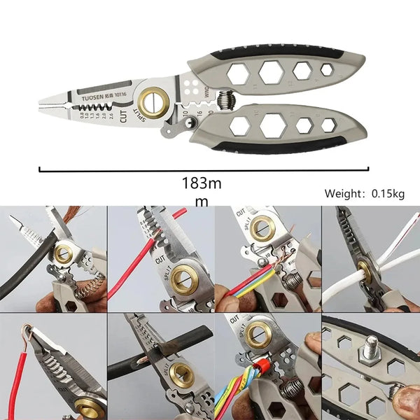 A set of pliers and cutters used for wire stripping and crimping, showing various components and usage angles.