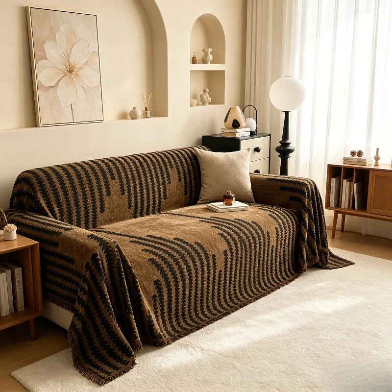 A brown and black striped chenille sofa blanket draped over a sofa in a bright living room setting.