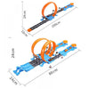 A blue and orange DIY stunt car racing track set with launchers shown in various dimensions.