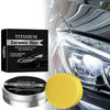 A jar of Titanium Ceramic Wax and a yellow applicator sponge are shown next to a car headlight.