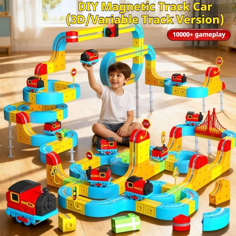 A boy is playing with a DIY magnetic track car set featuring various colored train vehicles and building blocks.