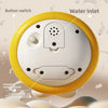 A yellow and white baby bath toy featuring a button switch, water inlet, and a charging compartment.