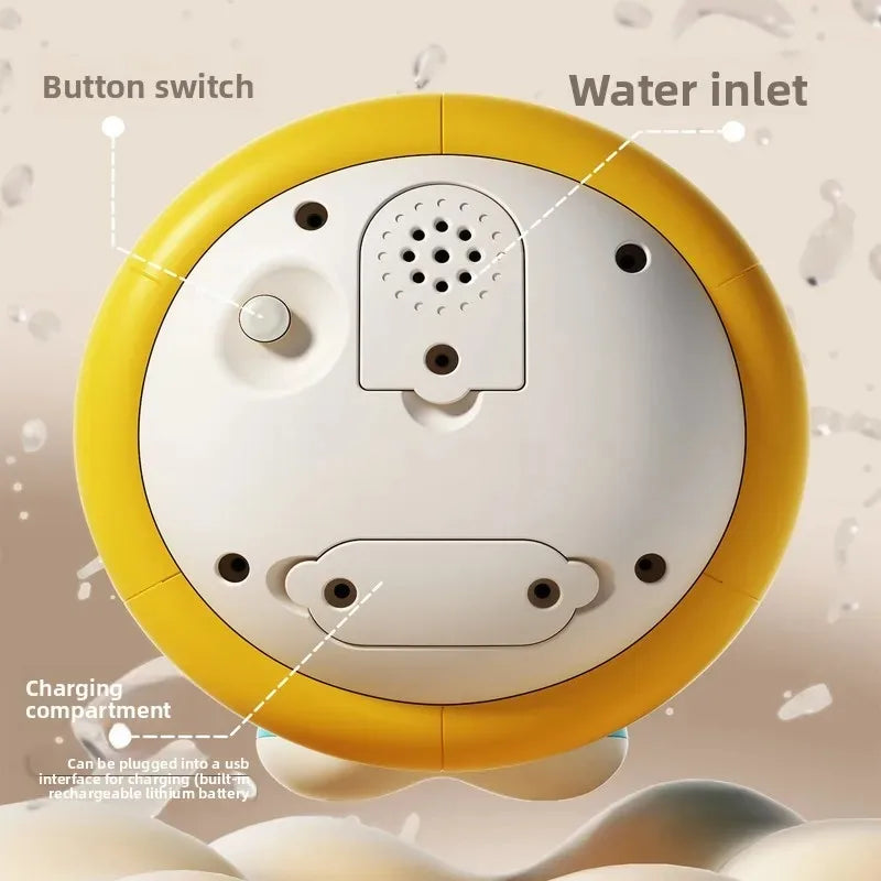 A yellow and white baby bath toy featuring a button switch, water inlet, and a charging compartment.