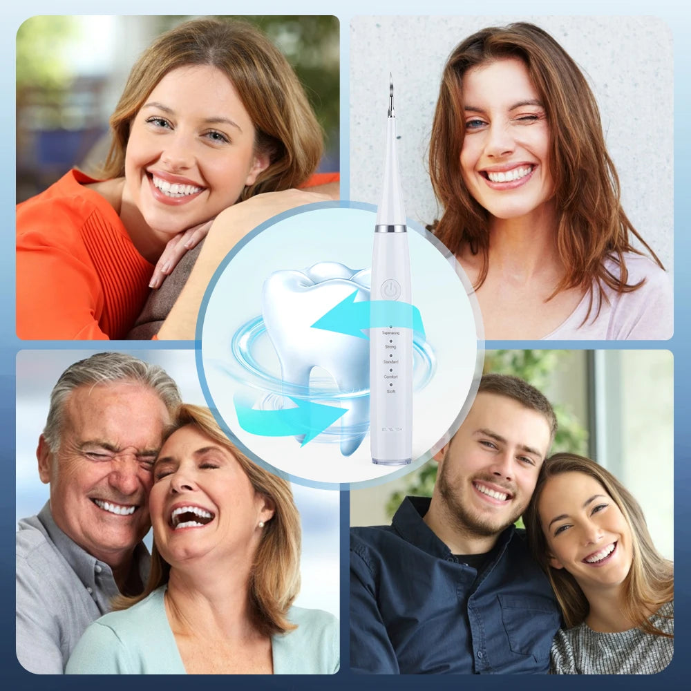 Collage de personas sonriendo con cepillo sónico recargable y kit de limpiador dental.