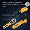 A yellow rotary fabric cutter featuring an ergonomic handle and safety guard, shown in various components.