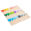 Wooden color matching puzzle with various colored wooden pegs arranged in a wooden tray